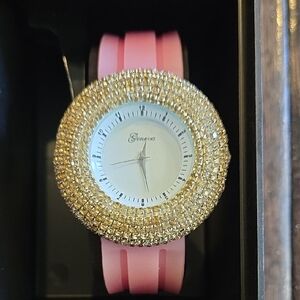 Geneva Women's Watch with Pink Strap and Gold Bezel